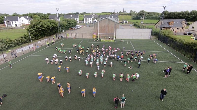 The teams warming up for the fantastic G4M&amp;O&#39;s blitz which was held in P&aacute;irc Chiceam at Kickhams GAC. 