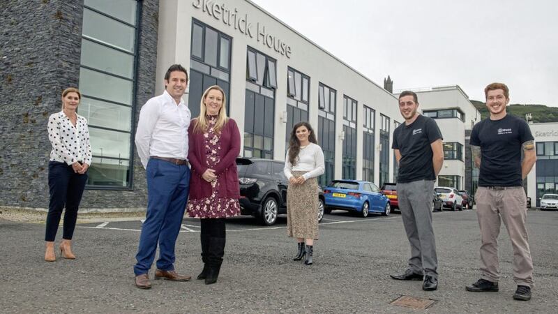 Ards Business Hub chief executive Nichola Lockhart with three of the businesses created by its delivery of the &lsquo;Go For It&rsquo; business support programme. They are (from left) Jean Michel and Lisa Pascal from Craic &lsquo;N&rsquo; Campers; Niamh Crawford-Walker from #Goals and Ryan and Brett Connolly of iFogg Ltd 