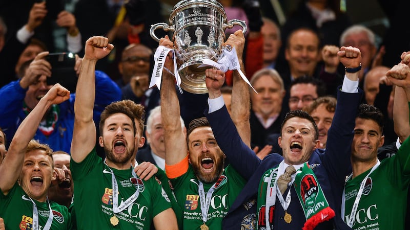 Cork City players celebrate their FAI Cup final victory over Dundalk Picture by Sportsfile