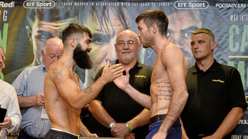 Jono Carroll and Declan Geraghty weigh in at The Europa hotel in Belfast ahead of their Super Featherweight bou at The SSE Arena tonight.Picture Mark Marlow/sportsfile 