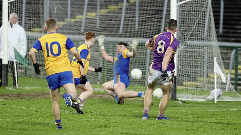 A late Stephen McGullion goal sealed victory for Derrygonnelly Harps last Sunday. Pic Philip Walsh 