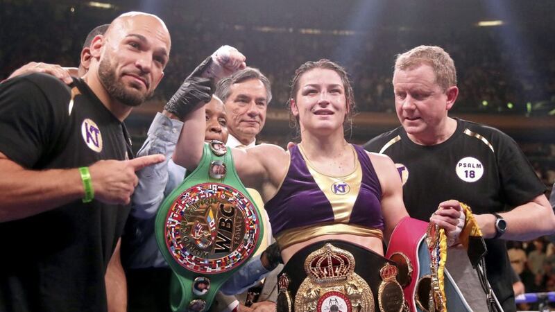 Katie Taylor celebrates her win against Delfine Persoon in the IBF, WBC, WBO, WBA, Ring Magazine Women&#39;s Lightweight World Championships fight at Madison Square Garden, New York.. 