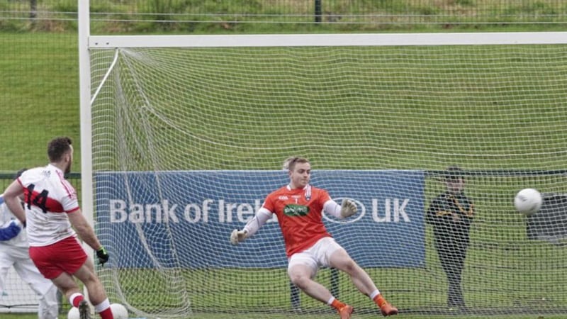 Derry's Emmett McGuckin fires home a penalty against Armagh during last Sunday's McKenna Cup match at Owenbeg <br />Picture by Margaret McLaughlin
