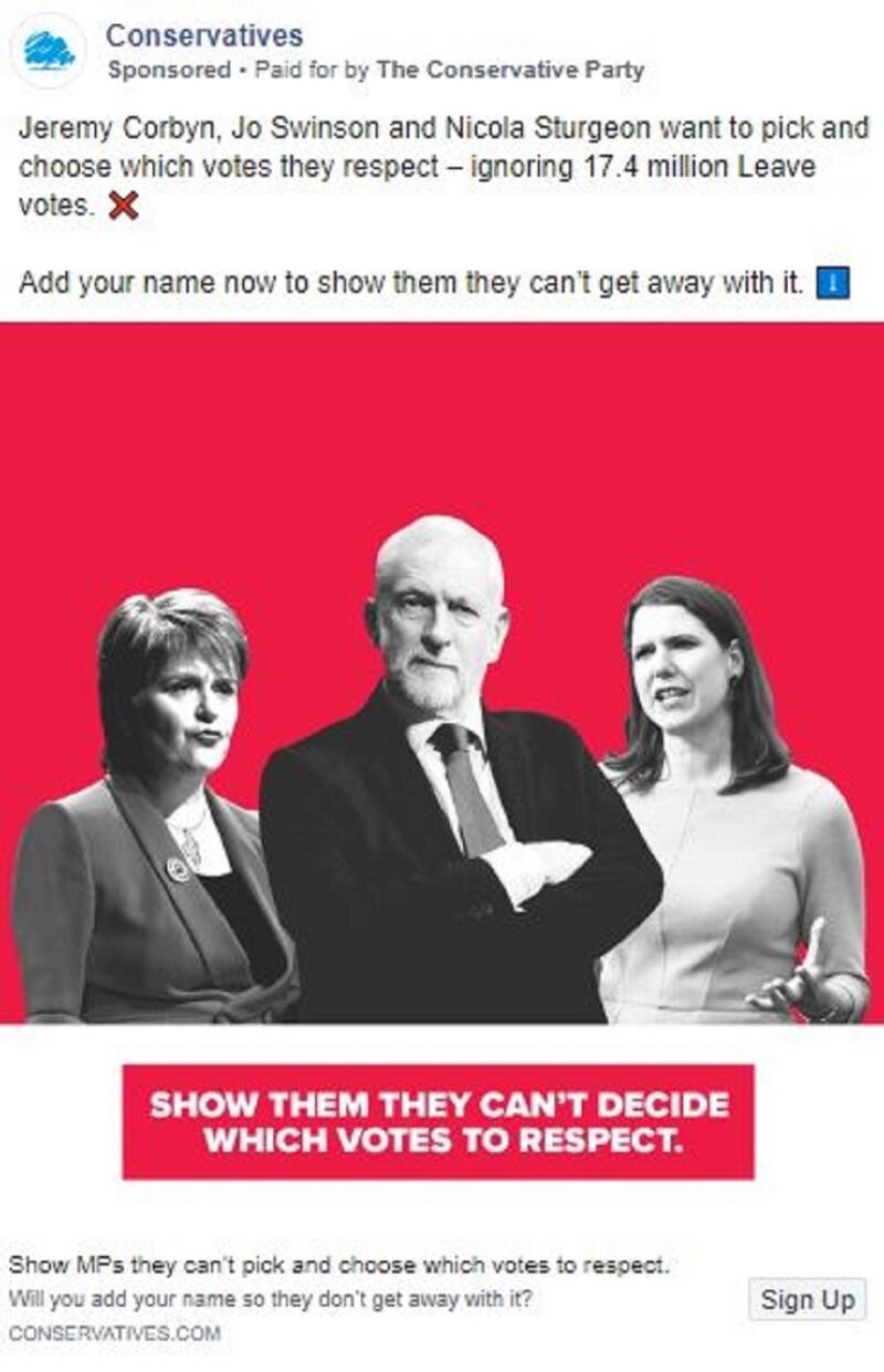 An advert targeting Nicola Sturgeon, Jeremy Corbyn and Jo Swinson (Conservatives/Facebook)