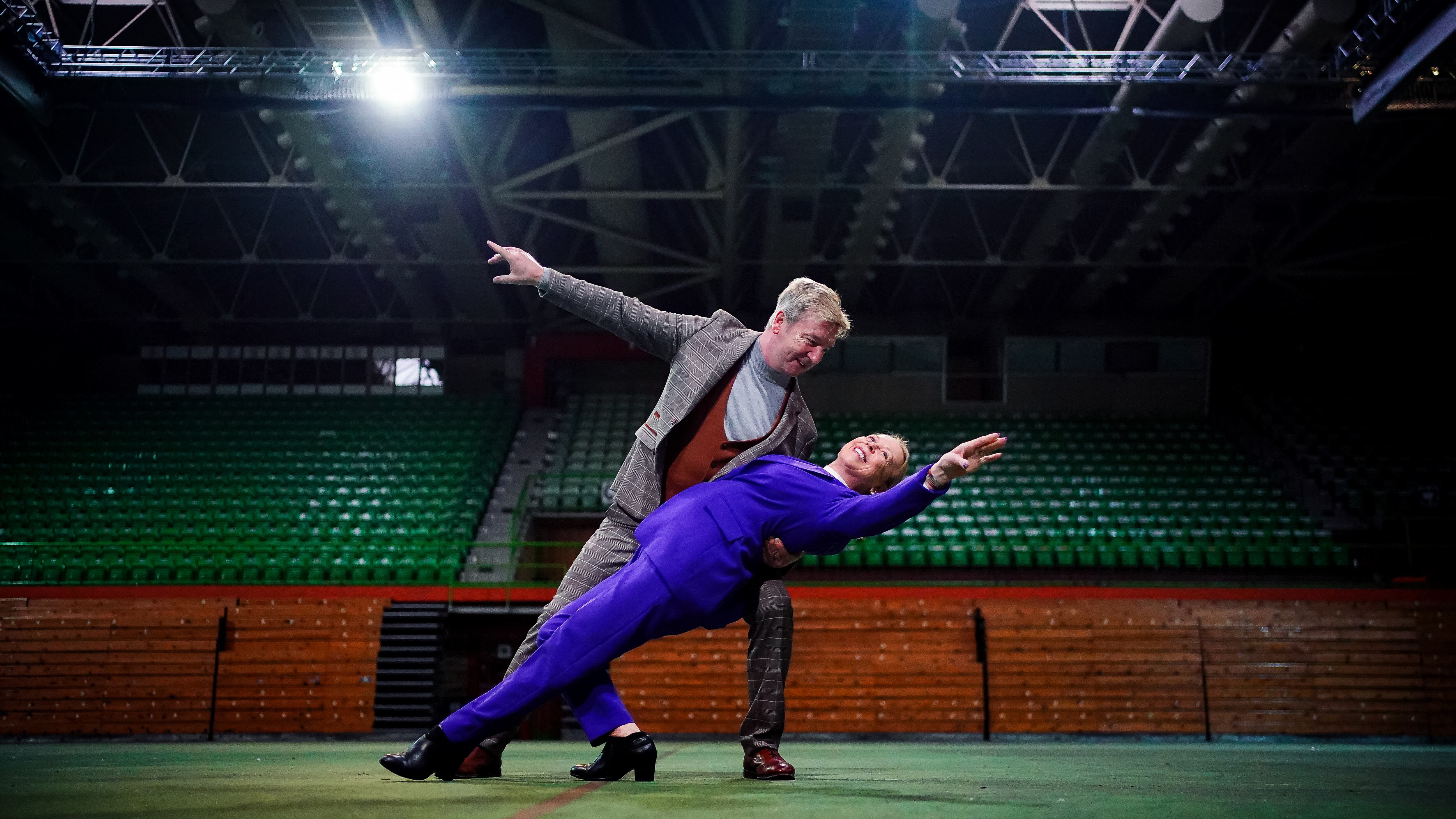 Ice skaters Jayne Torvill and Christopher Dean during a visit to the gymnasium that now stands at the location of the Zetra Olympic Hall ice rink, where they won their gold medals at the 1984 Winter Olympic Games, during their visit to Bosnia and Herzegovina to mark the 40th anniversary