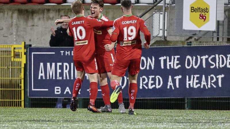 Cliftonville&#39;s Conor McDonald celebrates his goal against Glenavon at Solitude on Saturday Picture by Pacemaker 