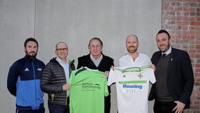 (L-r) Justin McMinn (Street Soccer Coordinator), Jim Dennison (Simon Community CEO), Gerry Armstrong, Aidan Byrne (Homelessness Manager at East Belfast Mission), Michael Boyd (Director of Football Development IFA) 