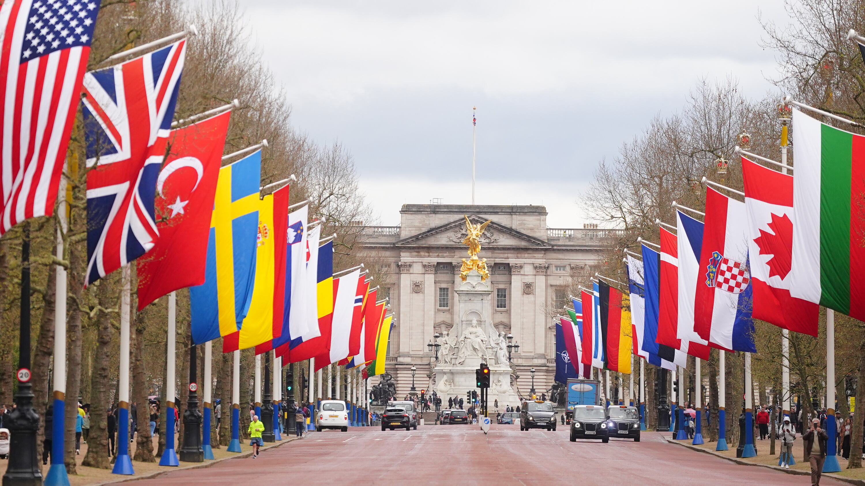 The national flags of Nato member countries hang in The Mall in London, in celebration of the 75th anniversary of the North Atlantic Treaty Organisation