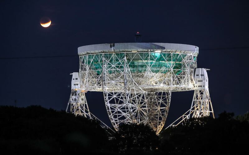 The partial lunar eclipse was visible above the Jodrell Bank Observatory in Cheshire