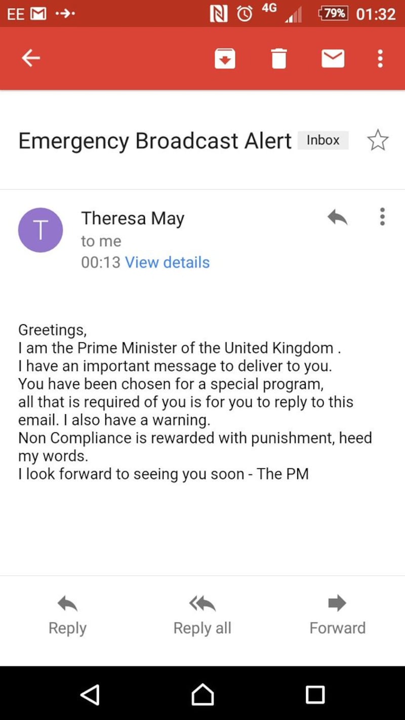 The spam email received by one Twitter user as if from Theresa May.