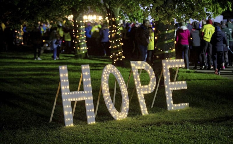 A hope sign at Ormeau Park in Belfast, Northern Ireland, during the Darkness Into Light event