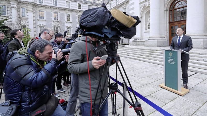Taoiseach Leo Varadkar speaks to the media outside the Government Buildings in Dublin on Thursday. Picture by Niall Carson, Press Association 