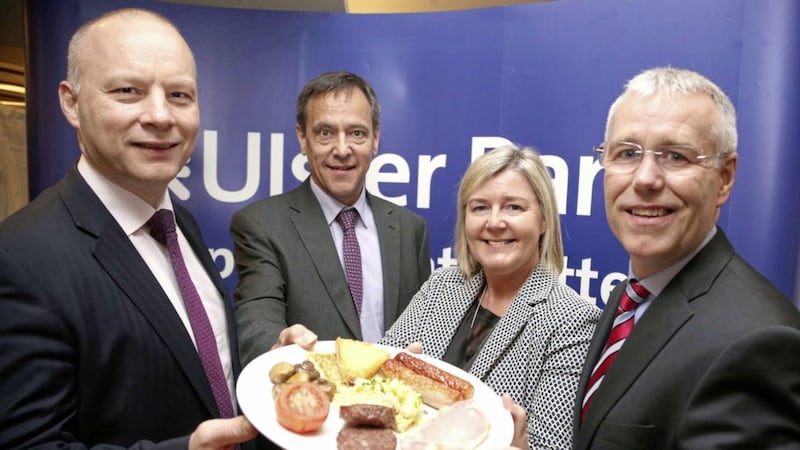 Pictured at the annual Ulster Bank and Guild of Agri Journalists economic outlook breakfast event in Ten Square, Belfast  is Richard Ramsey, chief economist, Ulster Bank; Cormac McKervey, Ulster Bank&#39;s senior agriculture manager; Rhonda Geary, RUAS and Richard Donnan, head of Northern Ireland, Ulster Bank.  