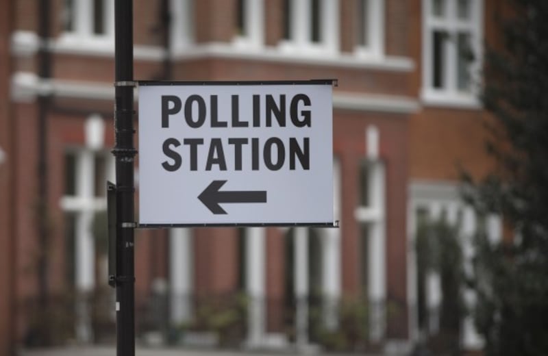 A polling station sign in Kensington, London, ahead of tomorrow's General Election.