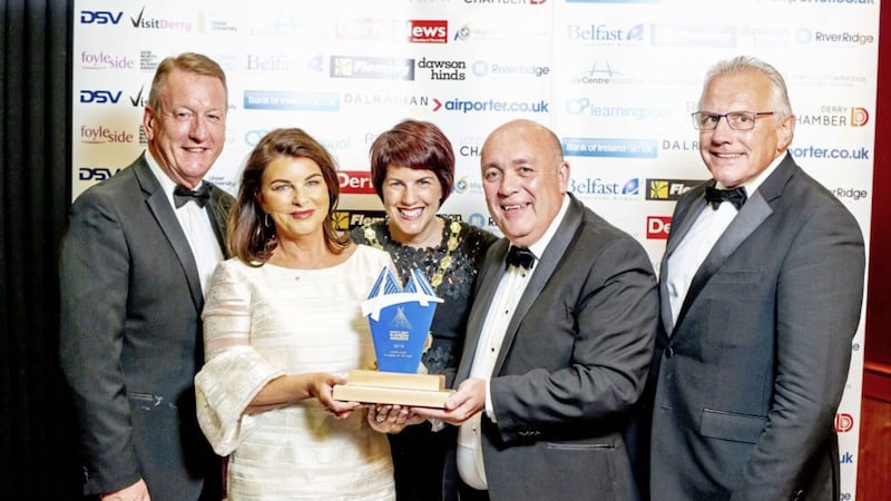 Kieran Kennedy (second right), managing director of Business of the Year O&#39;Neills, pictured with Londonderry Chamber of Commerce chief executive Sinead McLaughlin and president Jennifer McKeever, along with City Centre Initiative chief executive Jim Roddy and treasurer Ian Crowe 