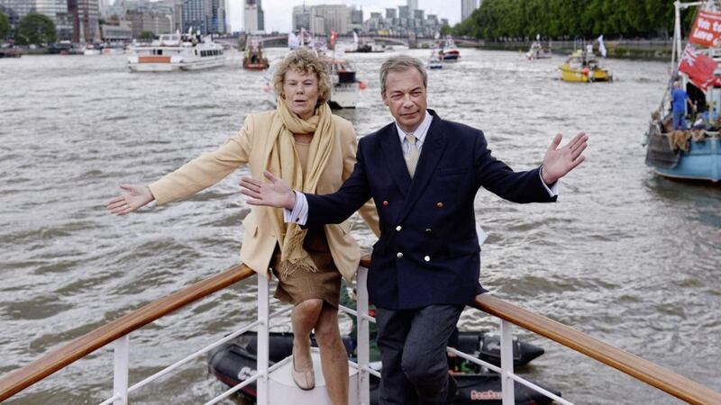 Kate Hoey with then Ukip leader Nigel Farage on board a boat taking part in a Fishing for Leave pro-Brexit &#39;flotilla&#39; on the River Thames in 2016. Picture by Stefan Rousseau/PA Wire 