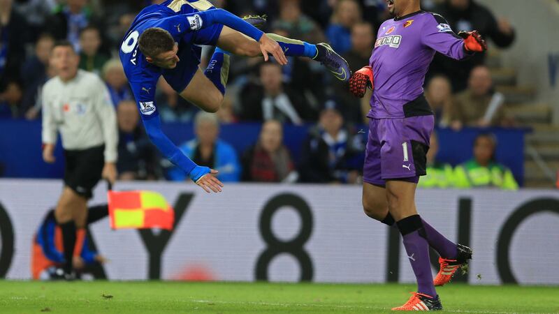 Leicester City's Jamie Vardy was awarded a penalty after being brought down by Watford goalkeeper Heurelho Gomes during Saturday's Barclays Premier League match at the King Power Stadium<br />Picture: PA