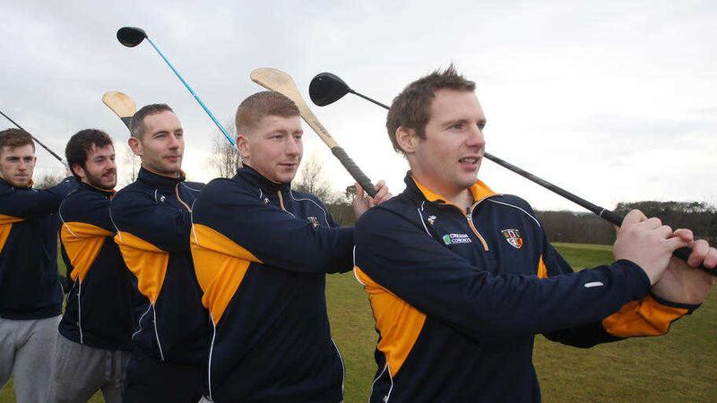 Antrim captain Neal McAuley with team-mates (from left) Niall McKenna, Odhran McFadden, Michael Dudley and Ryan McCambridge at the launch of the Antrim hurlers&rsquo; gala golf day, which will be held at the Galgorm on Friday, April 1 Picture: John McIlwaine 