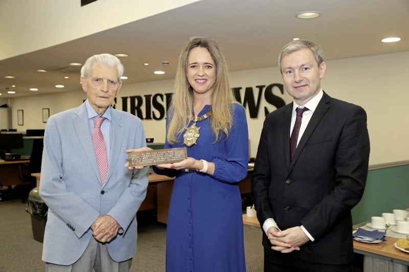 Belfast Lord Mayor Kate Nicholl in the Irish News for the handing over of the second World plaque with Jim Fitzpatrick, Irish News and Eoin Brannigan, Belfast Telegraph. Picture by Hugh Russell