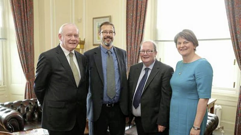 Neville Armstrong, second from right, with First Minister Arlene Foster, Deputy First Minister Martin McGuinness and Dominic Bryan