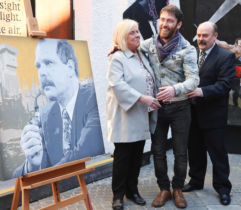 At the launch of The Man Who Swallowed A Dictionary, a new play by Bobby Niblock, are David Ervine's wife Jeanette, director Matthew McElhinney and actor Paul Garrett. Picture by Hugh Russell