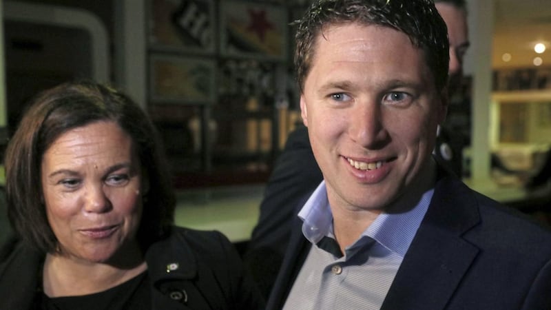 Sinn F&eacute;in European candidate Matt Carthy (right) with party leader Mary Lou McDonald at the count centre in Castlebar. Picture by Brian Lawless/PA Wire 