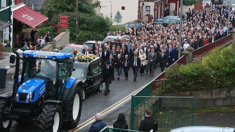 Emotional scenes as Eoin Farrell&#39;s family and friends make their way to St Mary&#39;s Star of the Sea Church in Rostrevor. Picture Bill Smyth 