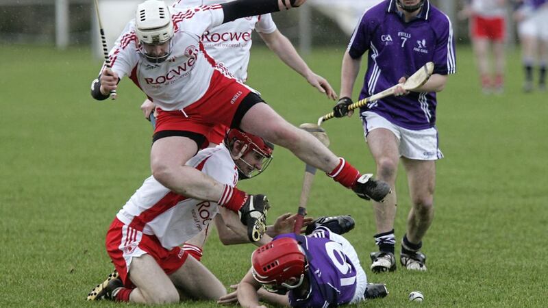 Tyrone&#39;s Paul Lavery goes over the top of colleague Shea McKiver and Fingal&#39;s Malachy McNulty. This day 20 years ago, he was knocking over frees as Tyrone made an All-Ireland Junior Hurling Championship final 