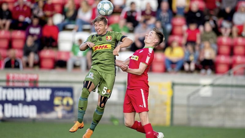 FC Nordsjaelland&#39;s Mads Pedersen (left) in action against Cliftonville&#39;s Ryan Curran during last Thursday&#39;s Europa League, Qualifying Round One, First Leg match at Solitude, The Reds trail 1-0 from the first leg 
