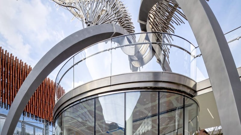 Glazed kiosk by Topglass below the Angel Central shopping centre&rsquo;s iconic winged sculpture in Islington 