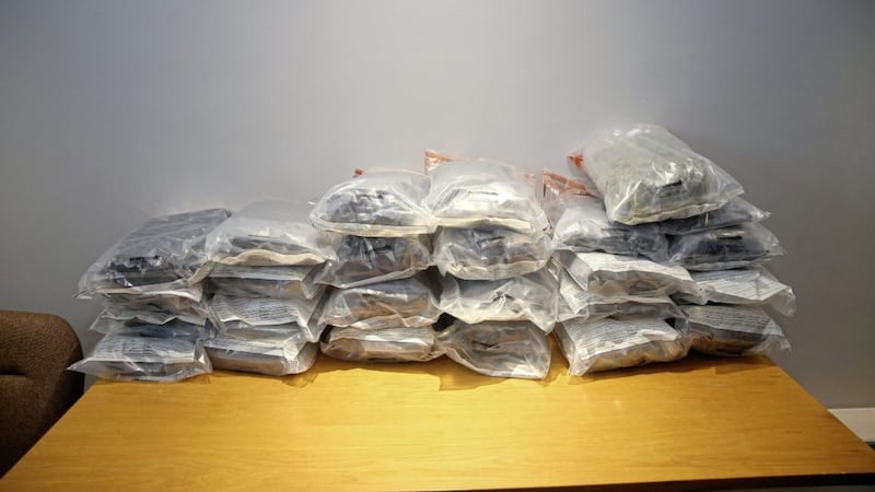 Approximately 50kg of herbal cannabis is displayed at a police press conference on Thursday. Picture Mal McCann. 