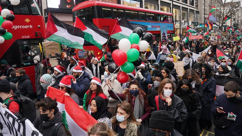 Protesters marched in London’s West End in a pro-Palestinian demonstration on Saturday
