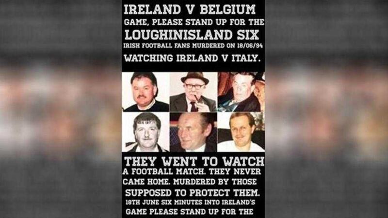A social campaign has been launched urging football fans to &quot;stand up for the Loughinisland Six&quot; 