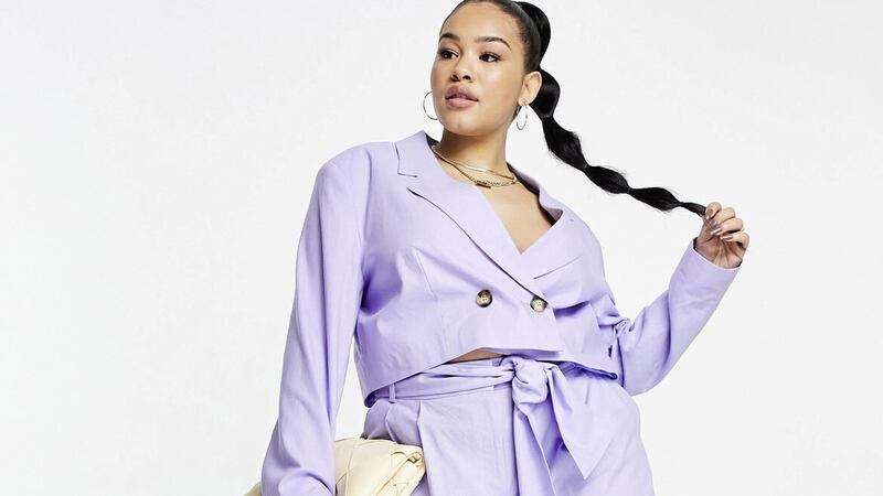 ASOS Design Curve Linen Suit in Lilac, &pound;66; Topshop Reef High Ruched Sandal in Yellow, &pound;40 available from ASOS (bag, stylist&#39;s own) 