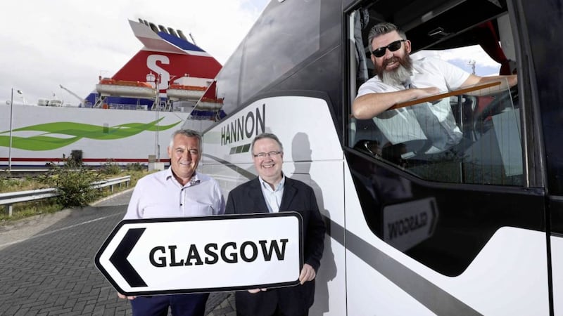Aodh Hannon (left) of Hannon Coach has revealed plans to expand the company&rsquo;s direct luxury coach service between Belfast and Glasgow to other towns across Northern Ireland. He is pictured with Stena Line&rsquo;s Ian Baillie and driver Jim McAlorum 