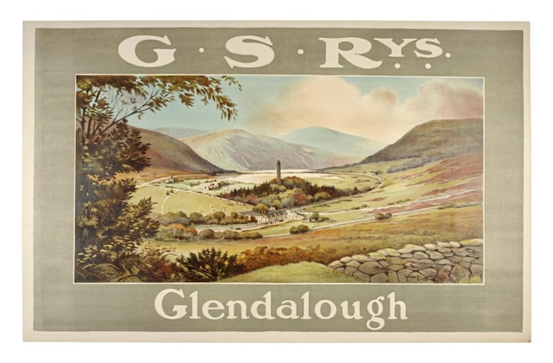 A poster from 1925 advertising Great Southern Railways and a journey by train to Glendalough 
