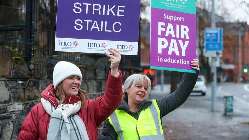 St Dominic's teaching staff on the picket line in west Belfast. Picture by Mal McCann