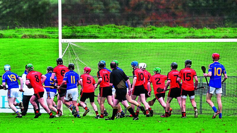 Action from yesterday&rsquo;s Ulster IHC semi-final between Cloughmills and Keady at Owenbeg. Picture by Margaret McLaughlin