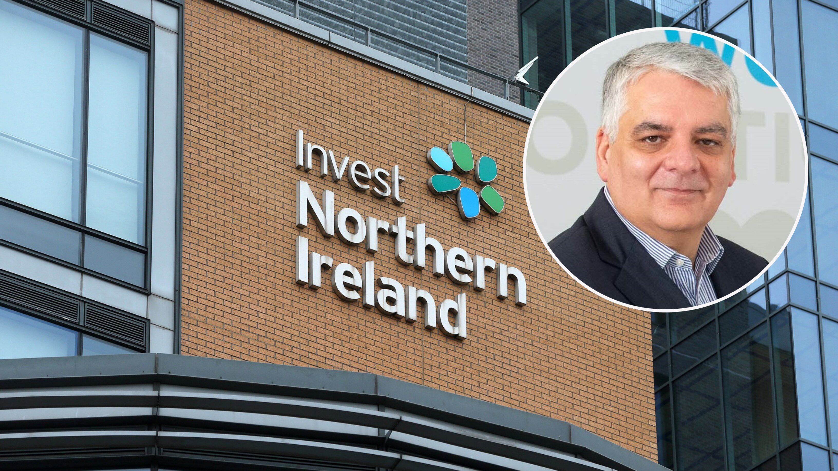 Exterior image of Invest NI's Belfast headquarters with an inset headsot of Mel Chittock.