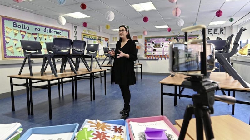 History teacher Caitlin Ni Ruanaidh prepares online lessons at Col&aacute;iste Feirste 