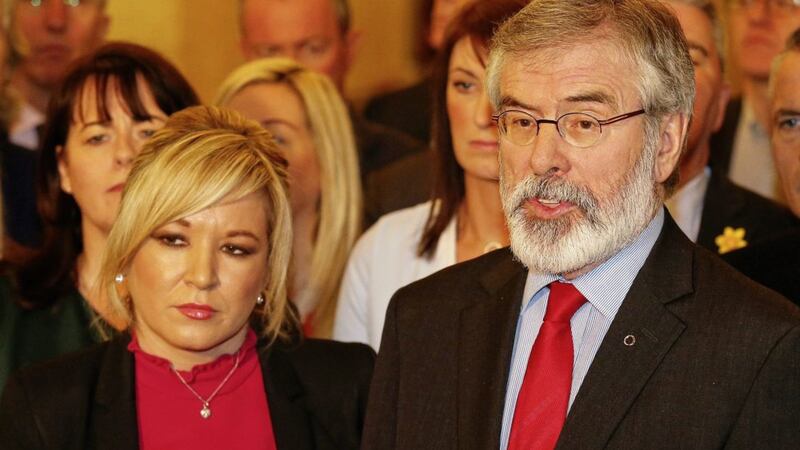 Sinn F&eacute;in northern leader Michelle O&#39;Neill alongside party president Gerry Adams at Stormont. Picture by Mal McCann 