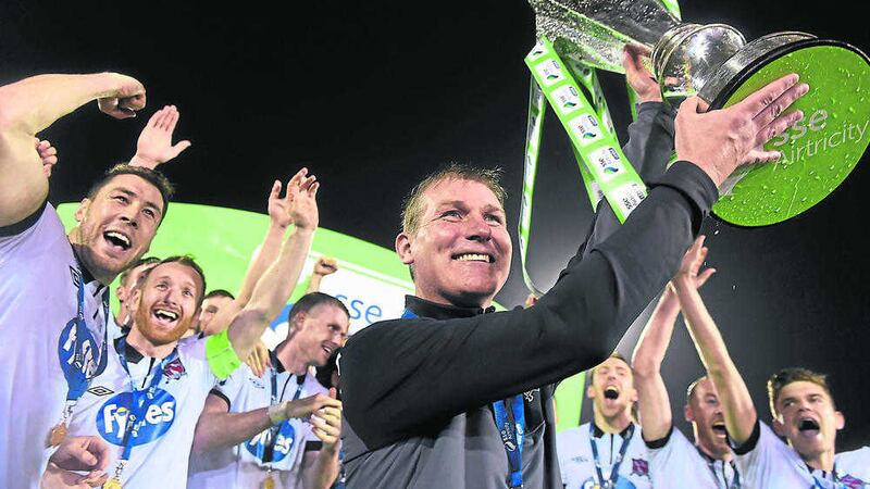 Dundalk manager Stephen Kenny celebrates with the SSE Airtricity League Premier Division at Oriel Park<br />Picture by Sportsfile