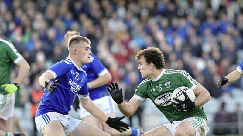 Gaoth Dobhair (Gweedore) Eamonn McGee with Nathan Byrne of Naomh Conaill during the Donegal Senior Football Championship replay at Ballybofey on Sunday. Picture Margaret McLaughlin 27-10-2019 