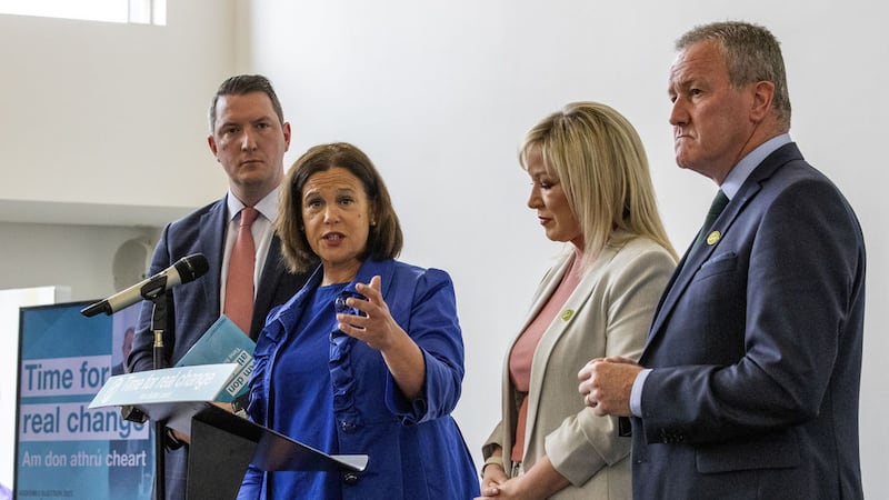(Left to right) John Finucane MP, Sinn F&eacute;in President Mary Lou McDonald, Sinn F&eacute;in Vice-President Michelle O'Neill, and Conor Murphy during the Sinn F&eacute;in manifesto launch at the MAC, Belfast. <br />Picture by Liam McBurney/PA Wire<br />&nbsp;