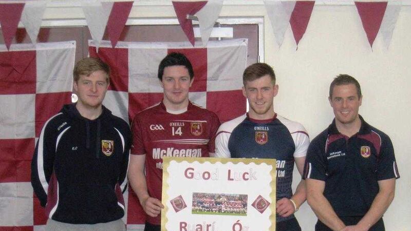 Eoghan, Christy, Ryan and Sean with Good Luck cards made by St Mary&#39;s PS &amp; Nursery children 