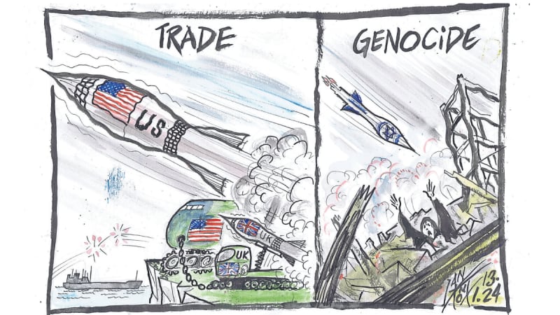 A political cartoon showing a missile with a US flag painted on its side below the headline 'Trade'. A separate sketch shows another missile with an Israeli flag on it below the headline 'Genocide'