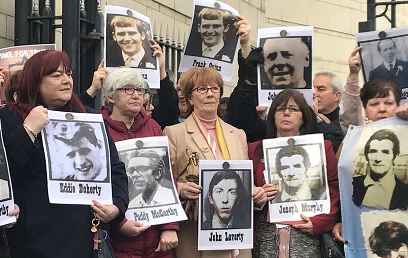 Relatives of those killed in the Ballymurphy Massacre pictured outside court this morning&nbsp;