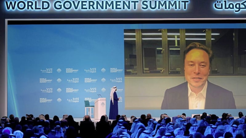 Elon Musk talks virtually to Mohammad Al Gergawi, UAE Minister of Cabinet Affairs, during the World Government Summit in Dubai 