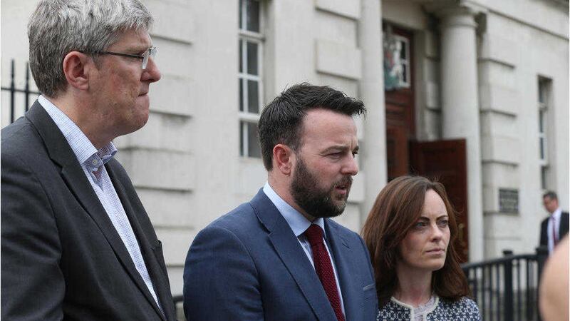 Legal challenges against Brexit taken by MLAs and Raymond McCord begin at the High Court in Belfast. Left to right. Sinn Fein's John O'Dowd, SDLP leader Colum Eastwood and Nichola Mallon &nbsp;