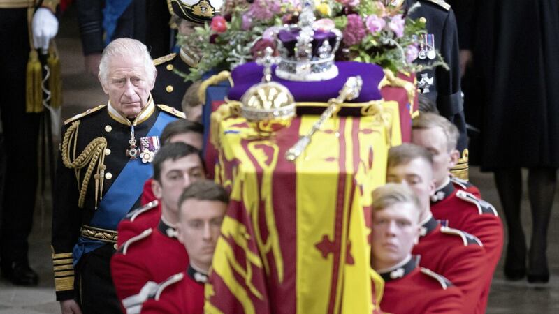 King Charles and members of the royal family follow behind the coffin of Queen Elizabeth as it is carried out of Westminster Abbey after her State Funeral on Monday. Picture by Danny Lawson/PA Wire 